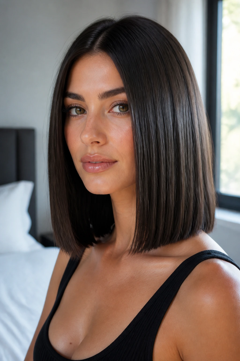 Close-up portrait of a real woman with a glass-finish lob featuring a glossy blunt shoulder-length cut