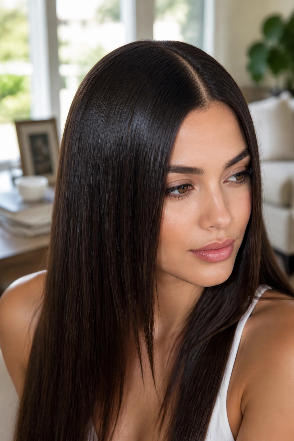 Real woman with glass-flat center part and mirror-smooth hair