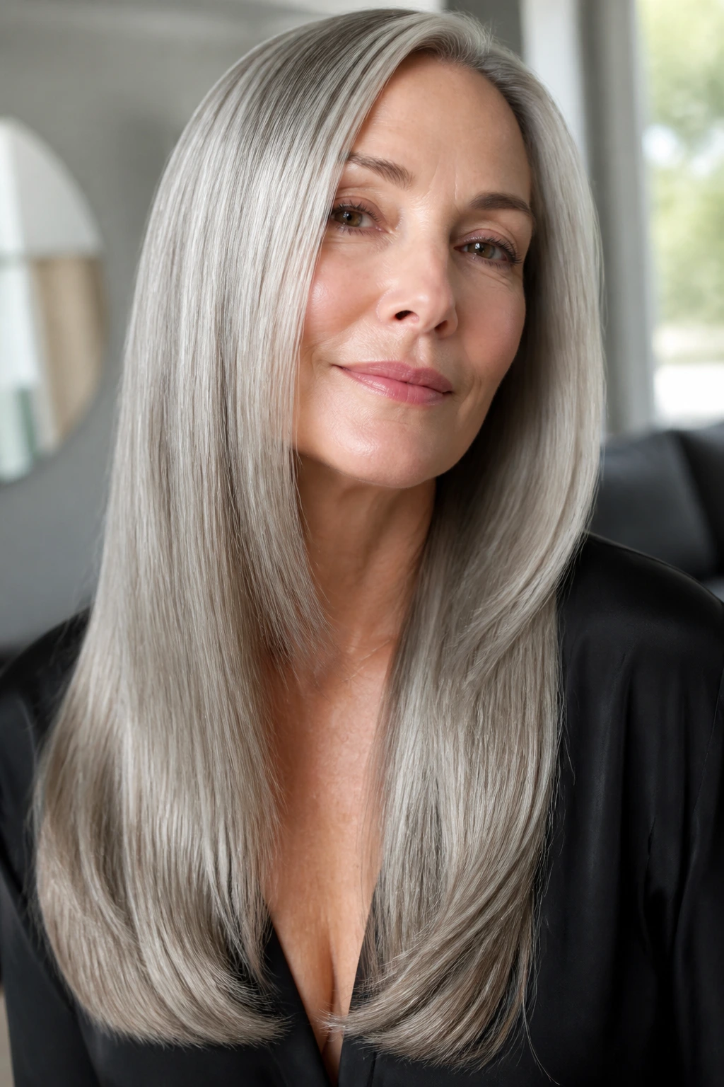 Close-up portrait of a real woman with a glossy glass hair blowout