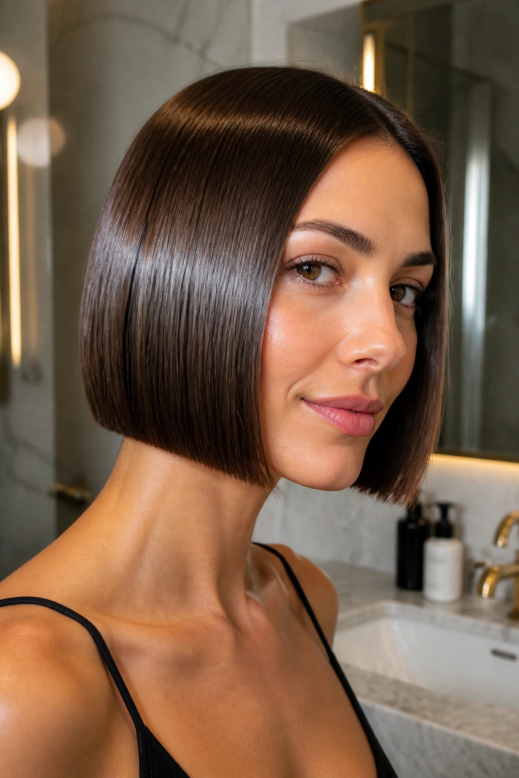 Close-up portrait of a real person with a glossy blunt bob.