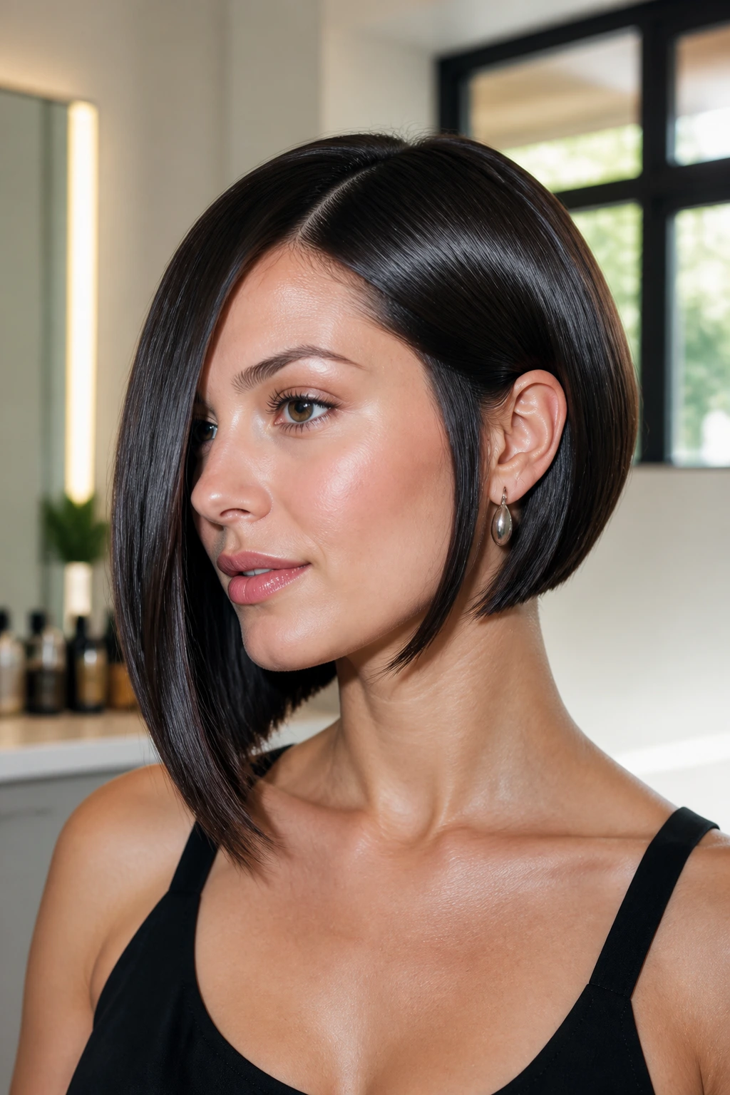 Close-up portrait of a real woman with a glassy, sleek asymmetrical bob
