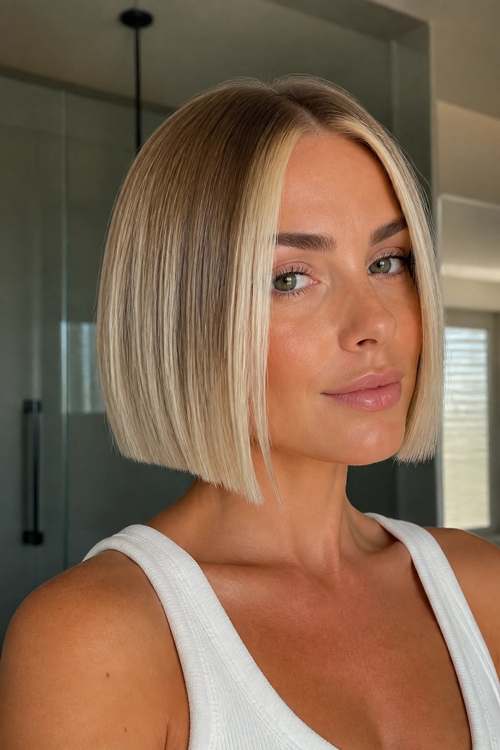 Close-up of a real woman with a glossy glass-hair bob and a sharp blonde frame at the front