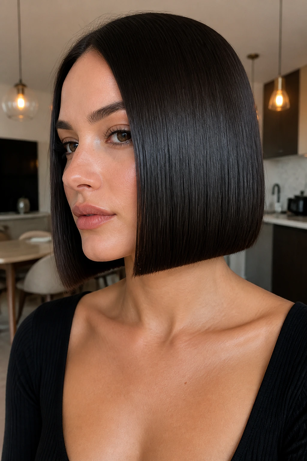 Close-up of a real woman with a glass-hair blunt bob showcasing mirror-like shine
