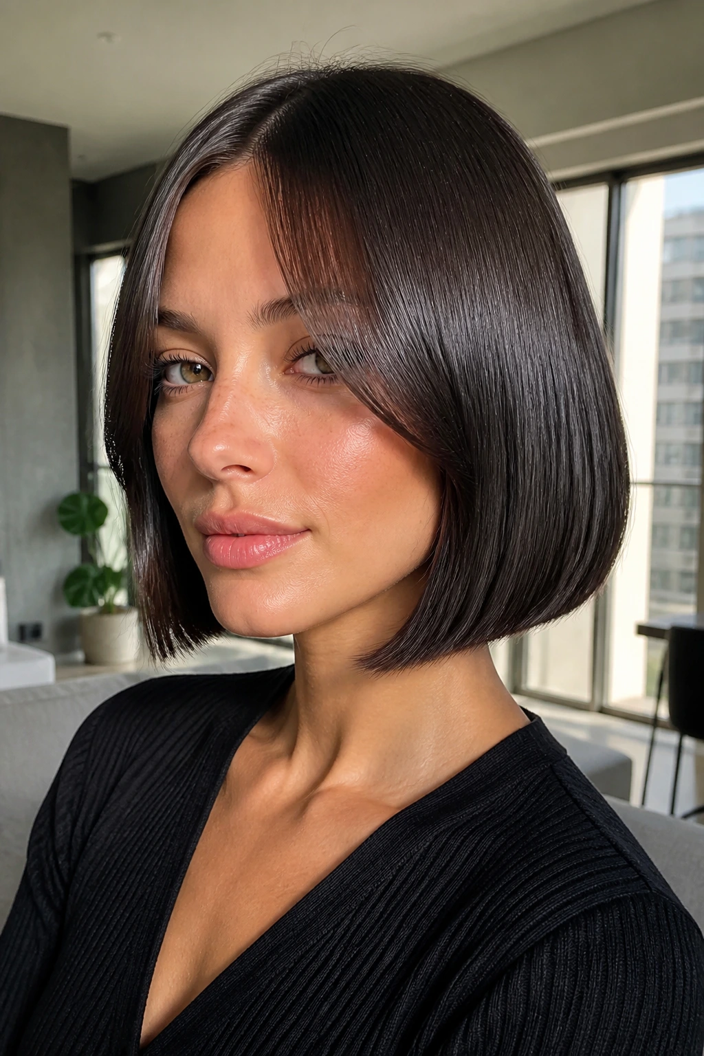 Close-up of real woman with glass hair bob and split curtain bangs in a bright living room