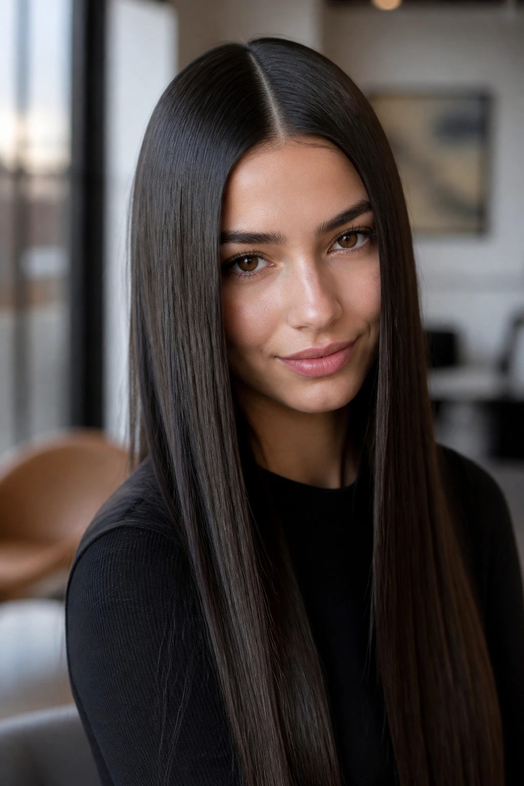 Glossy glass-hair center-part on a real woman, close-up