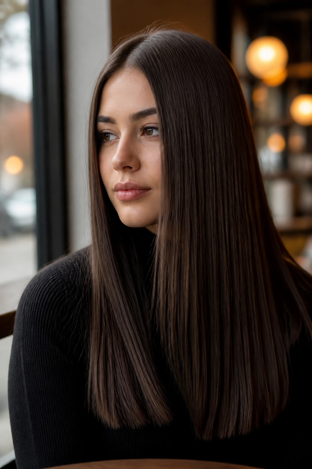 Portrait of a real person with a glassy long center-part cut.