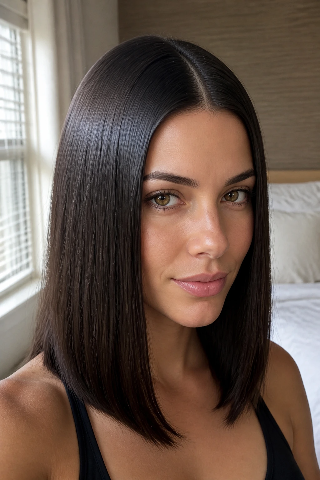 Close-up portrait of a real woman with glassy, center-parted shoulder-length straight hair in soft window light