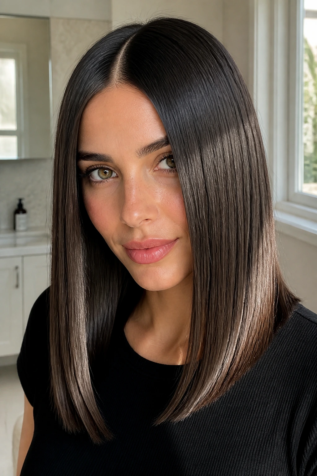 Portrait of a real person with glass hair center part and shiny straight hair