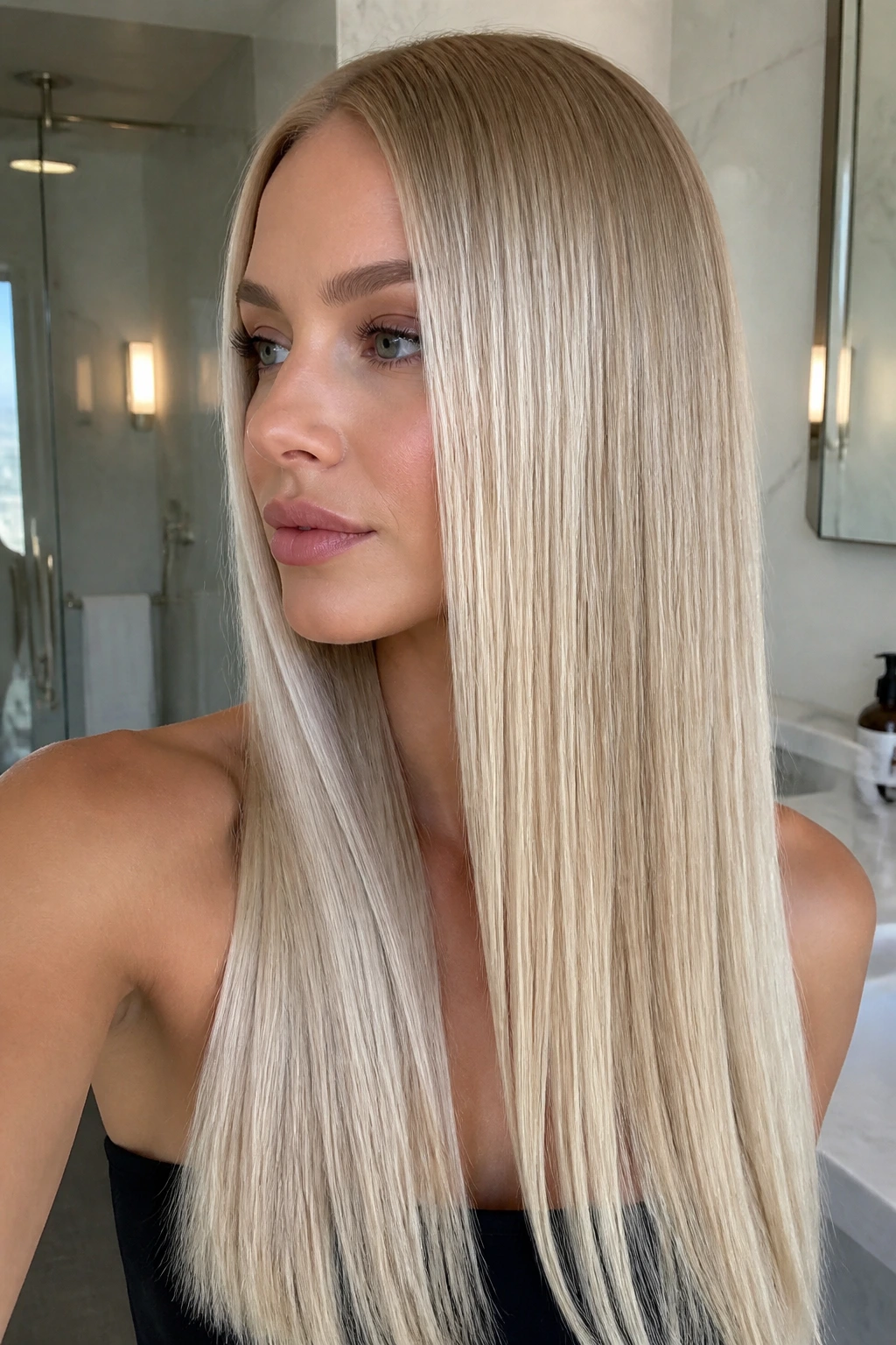Close-up of a real woman with straight glass hair champagne blonde in a bright bathroom.