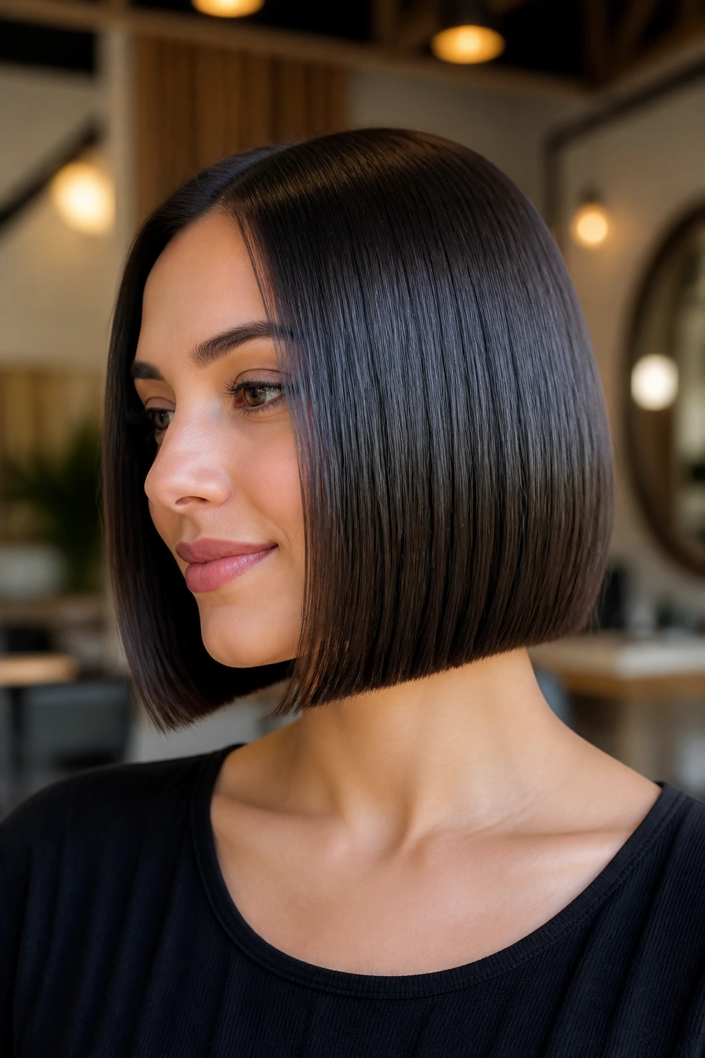 Close-up of real woman with glass-hair chin bob shine
