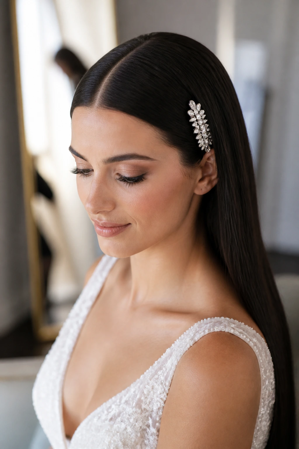 Close-up of a bride's glass-hair straight length with a crystal clip and a precise middle part.