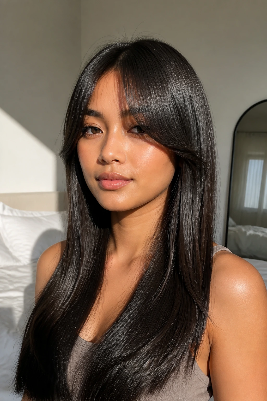 Portrait of sleek glass-hair curtains on a real person with polished straight bangs in natural light