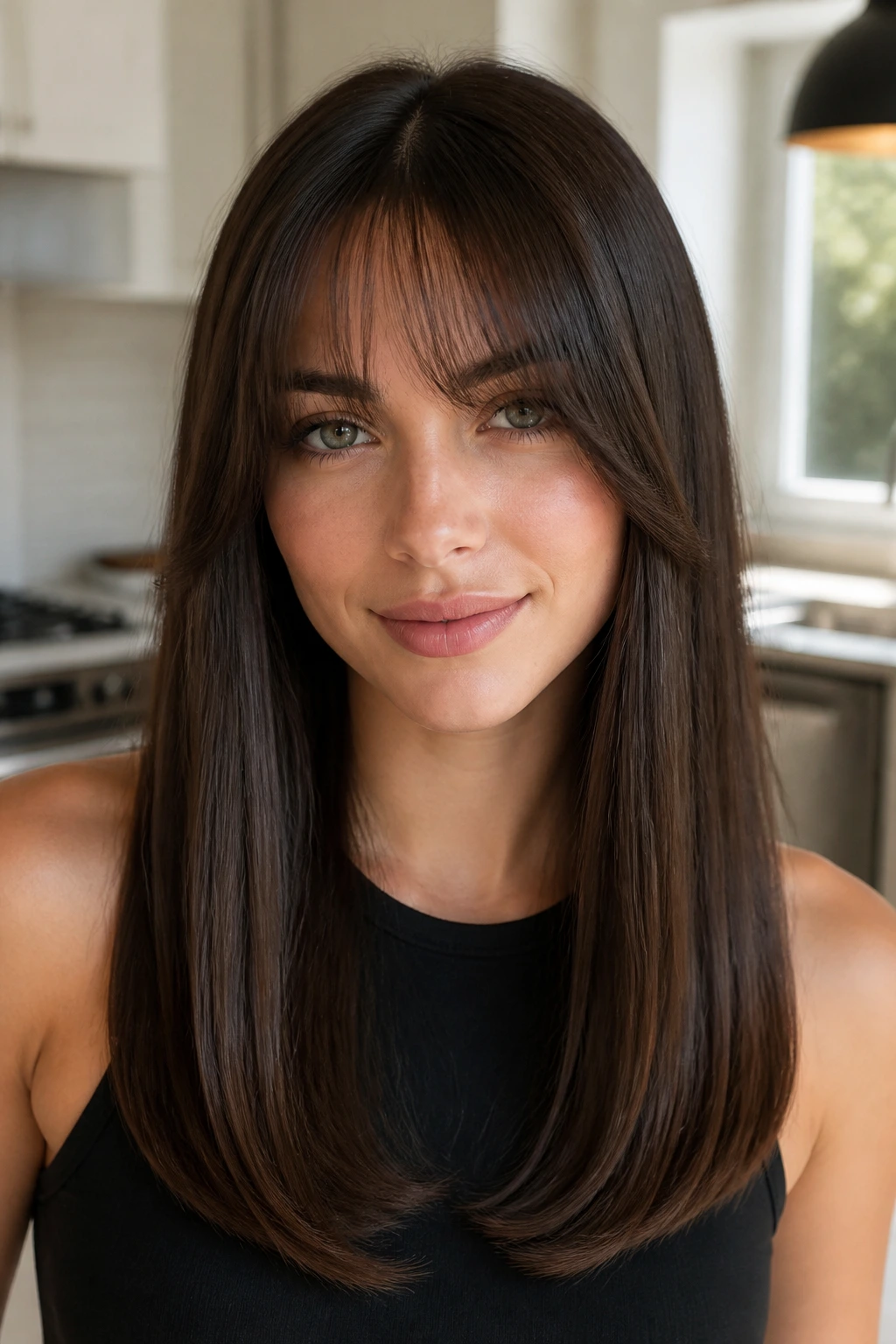 Close-up of a real woman with glossy glass-length hair and feathered bangs in natural light