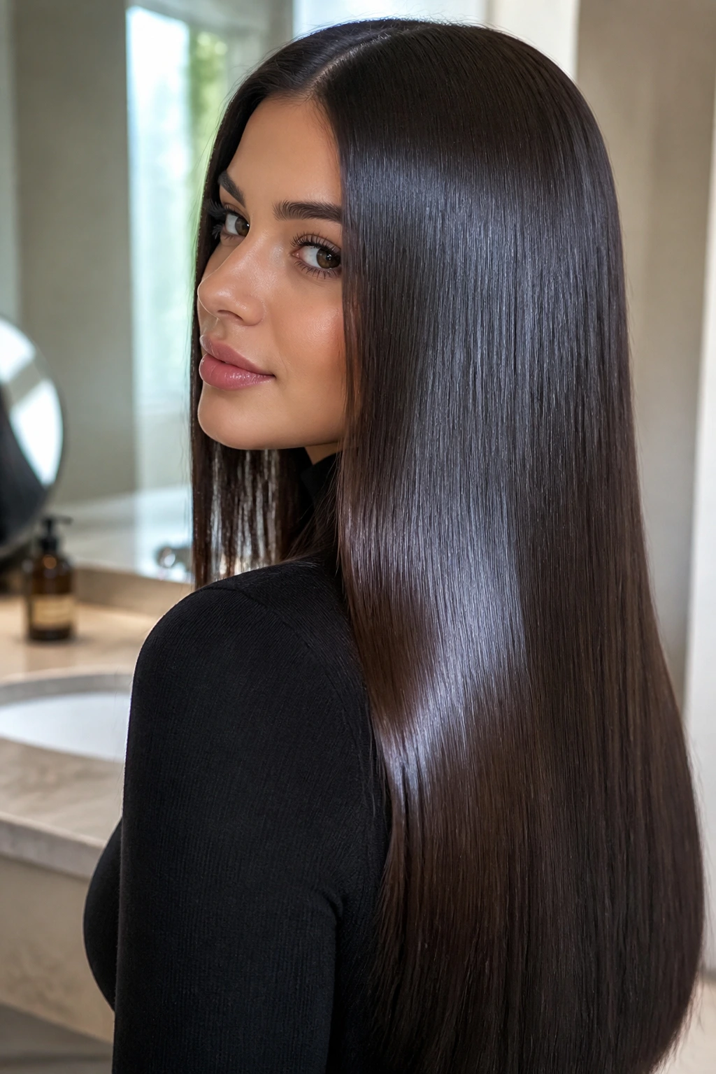 Close-up of real woman with glass hair finish, ultra-smooth and shiny.