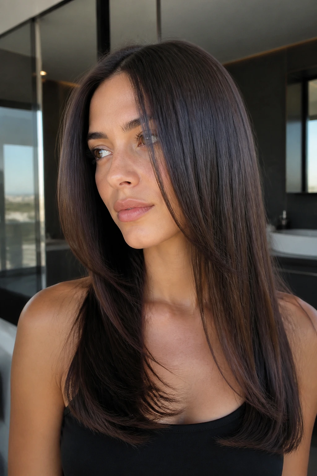Close-up portrait of a real person with Glass-Hair Frame showing a smooth straight hairline.