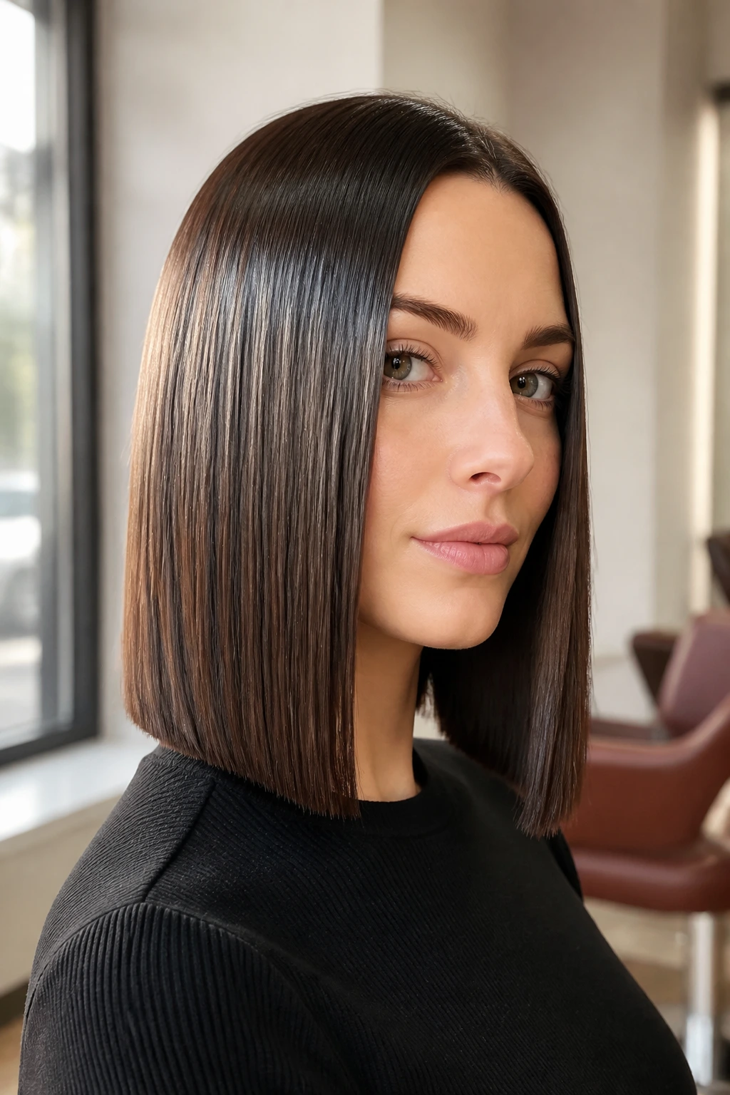 Close-up portrait of a real woman with a glassy straight lob and high shine hair