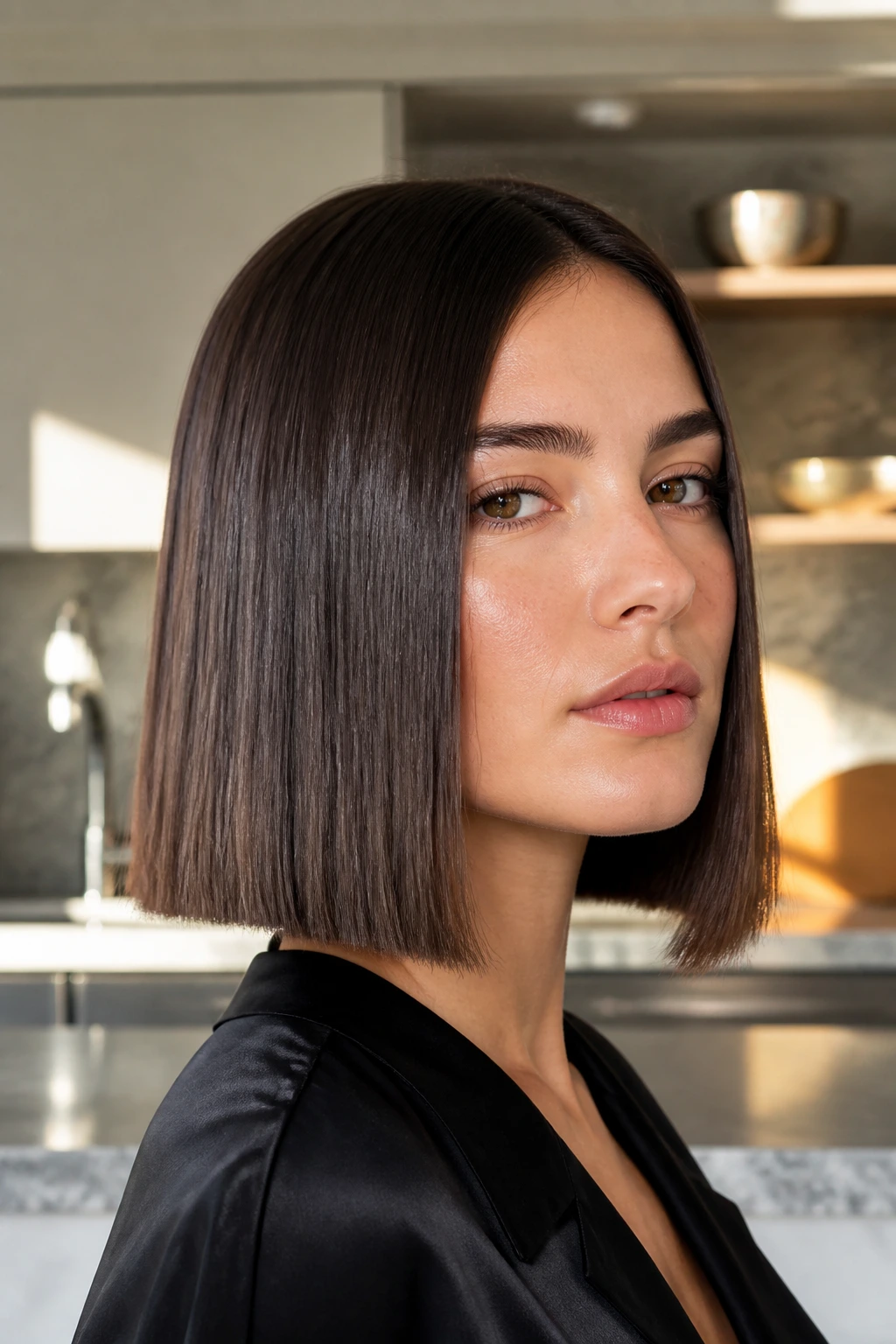 Portrait with glass-hair lob showing glossy, even ends