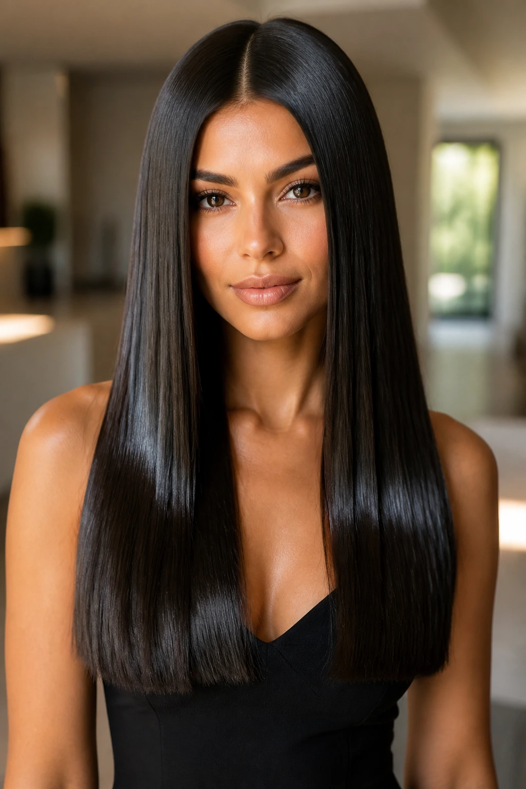 Portrait of a real person with sleek center-parted hair and blunt ends.