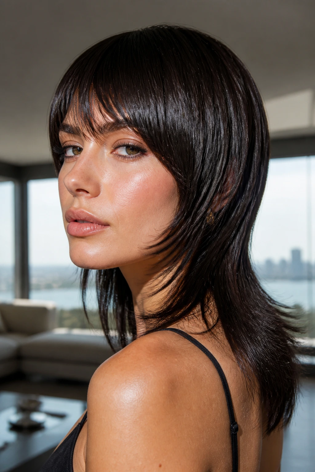 Close-up portrait of a real woman with sleek glass-hair mullet and clean ends