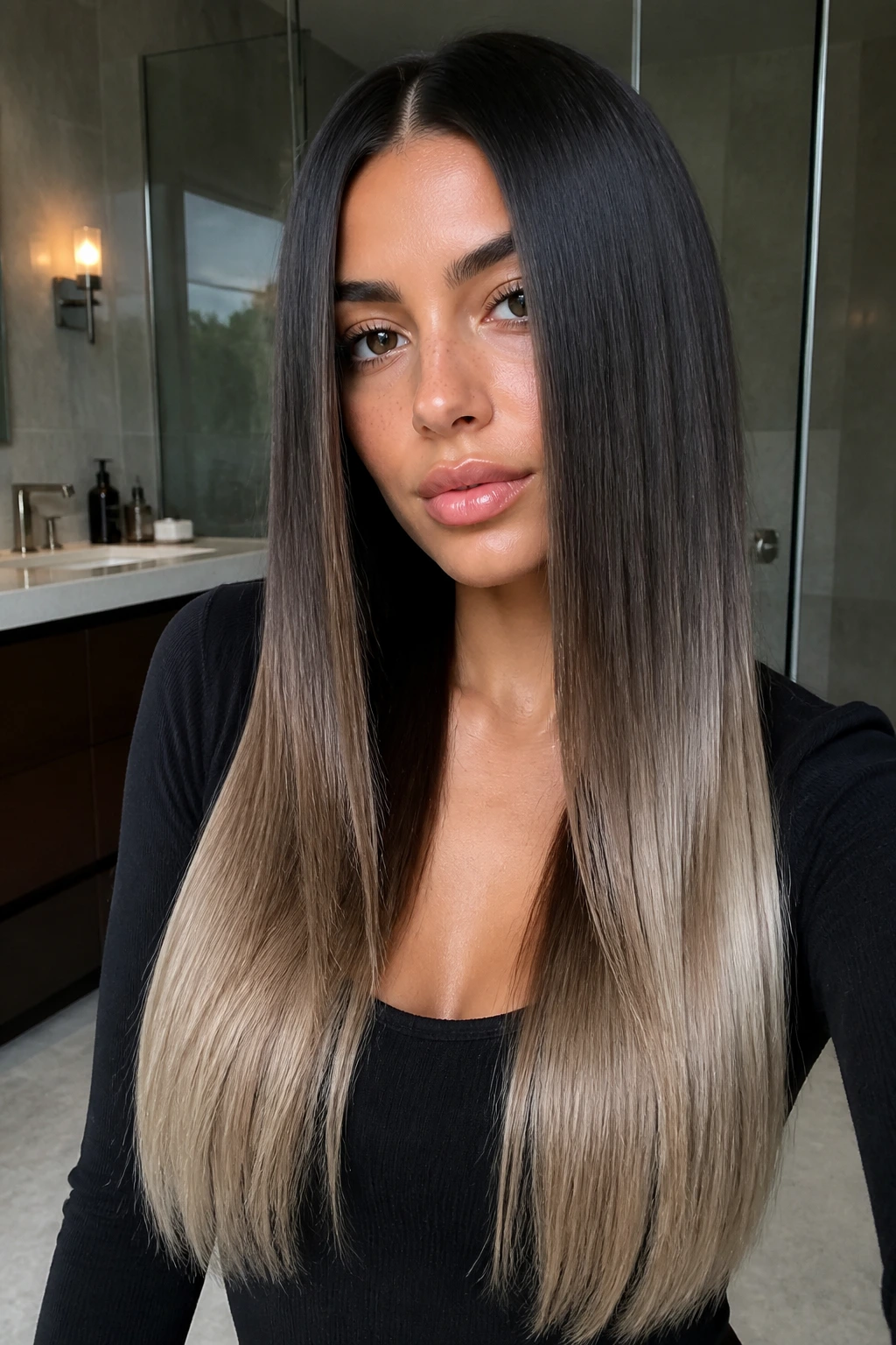 Close-up of a real woman with sleek glass-hair ombre