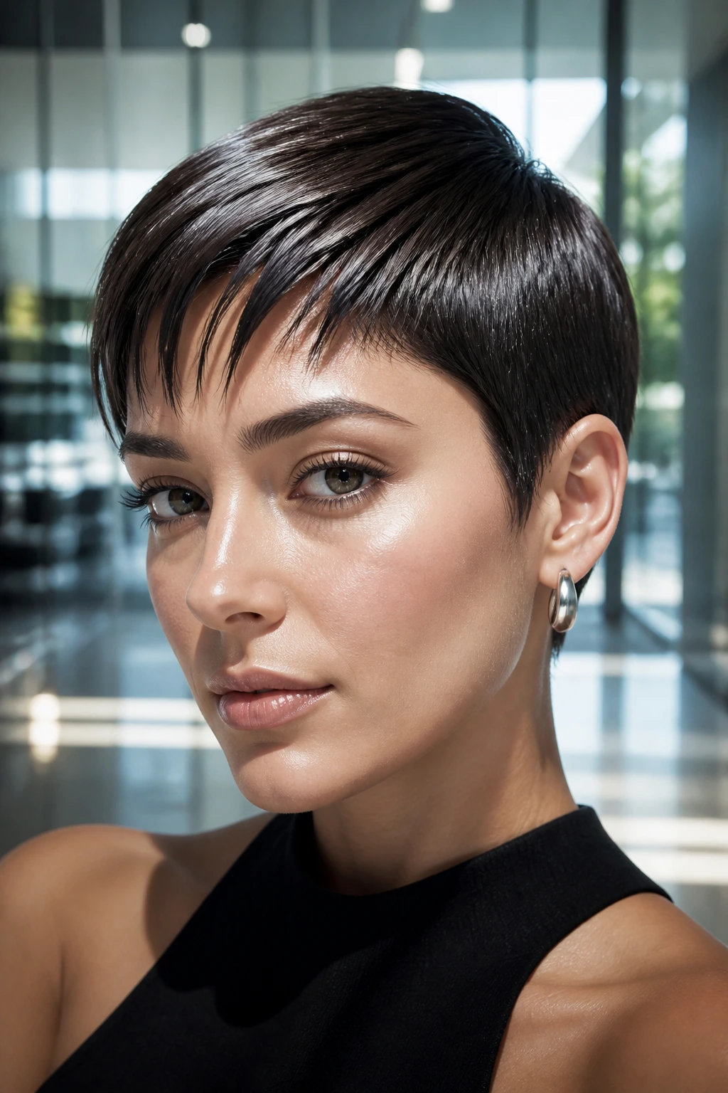 Close-up of a real woman with a glass-hair pixie showing high shine