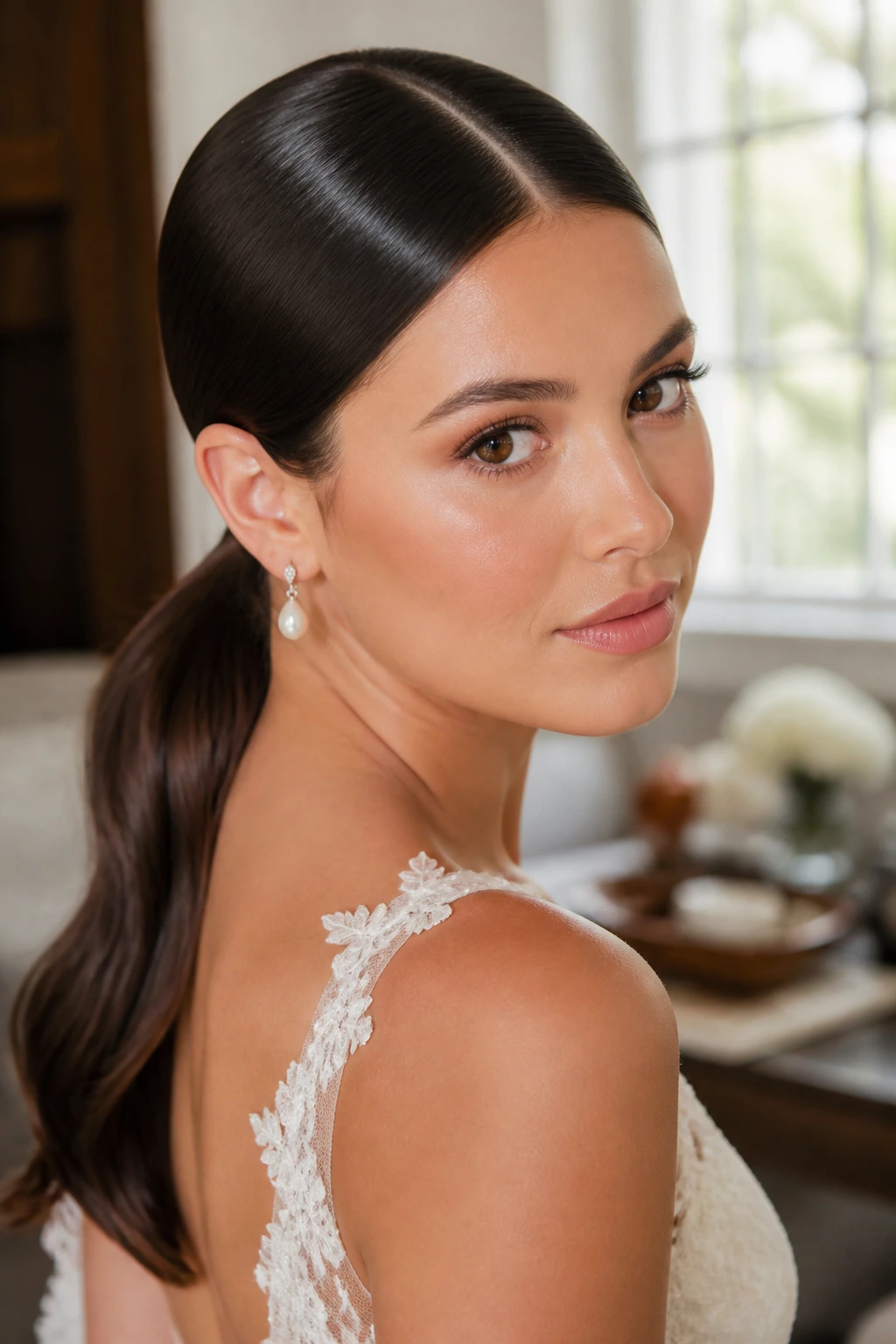 Close-up of a real bride with a glassy middle-part low ponytail in warm bridal suite lighting