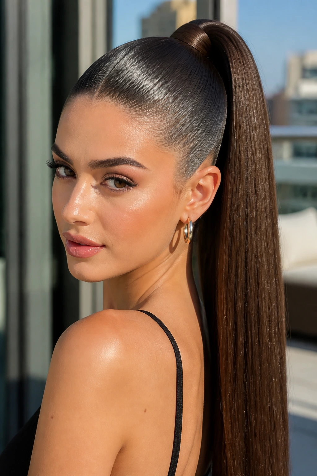 Real woman with a glassy high ponytail