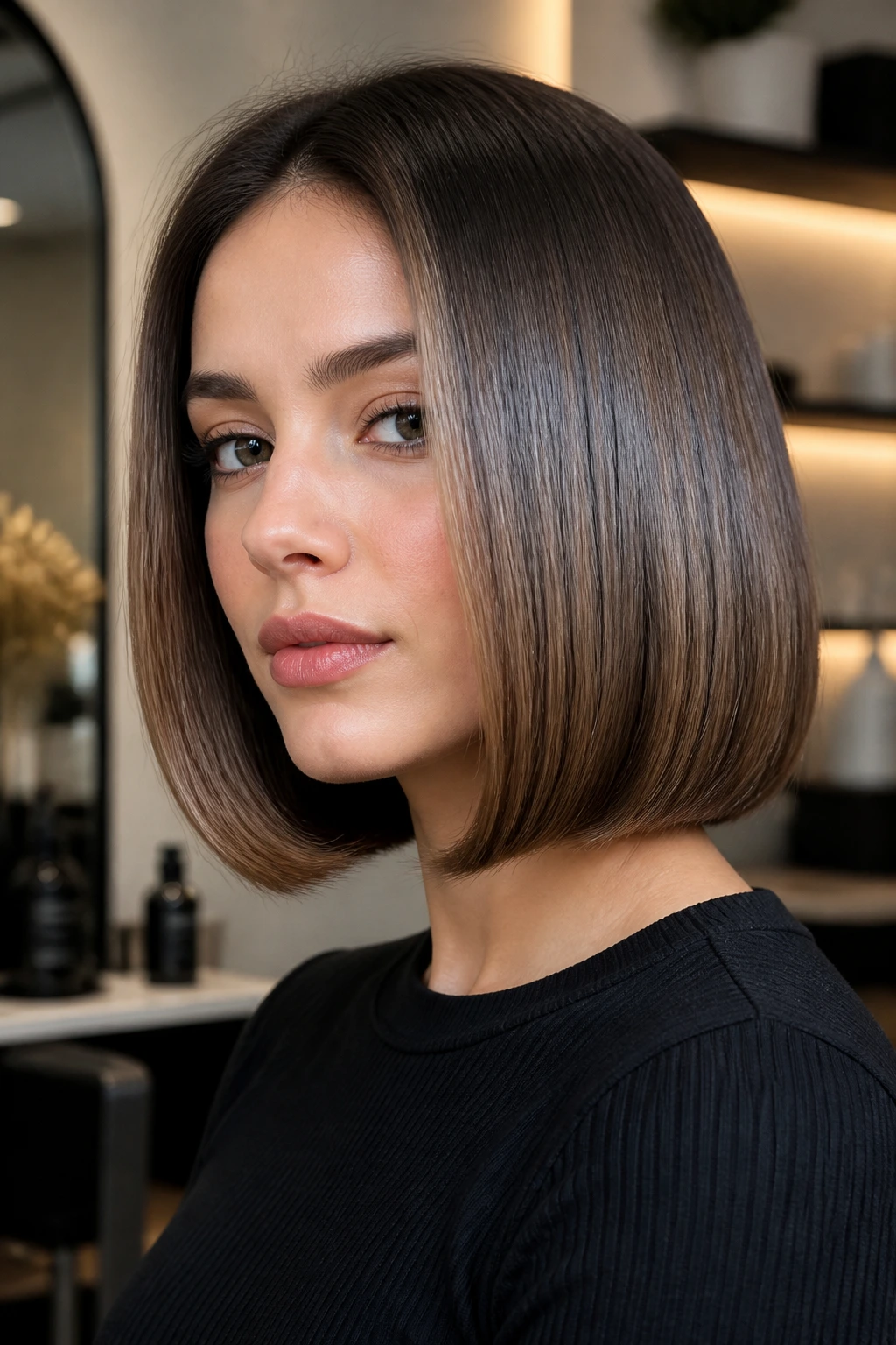 Close-up of a real woman with a glassy blowout blunt bob