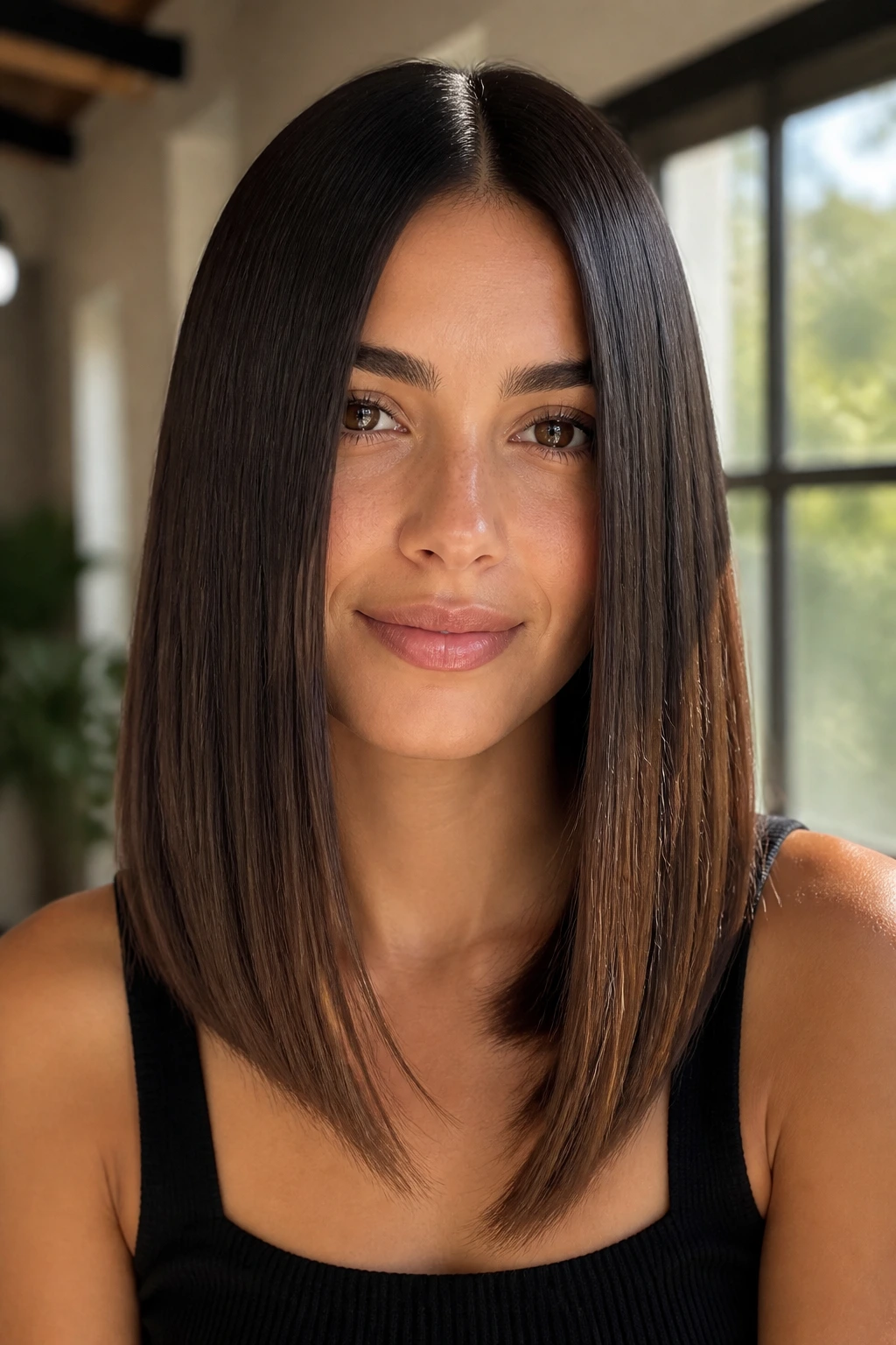 Front-facing close-up of a person with glass-hair mid-length cut