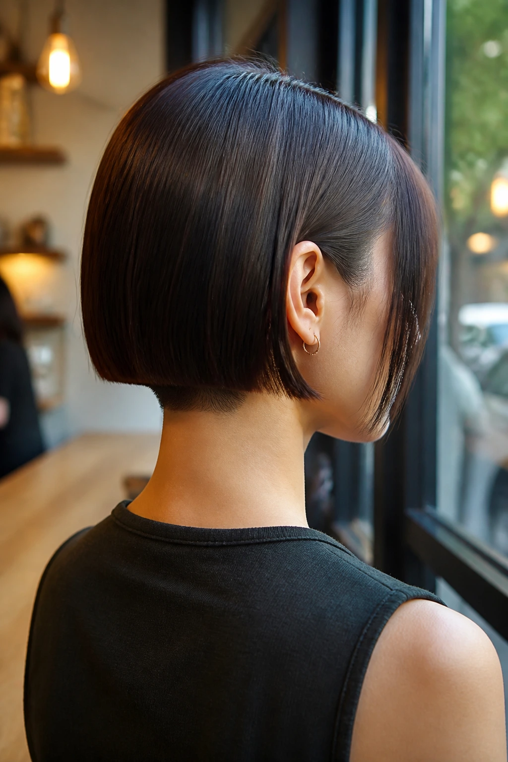 Portrait of a real person with glass-hair straight cut and clean nape line.