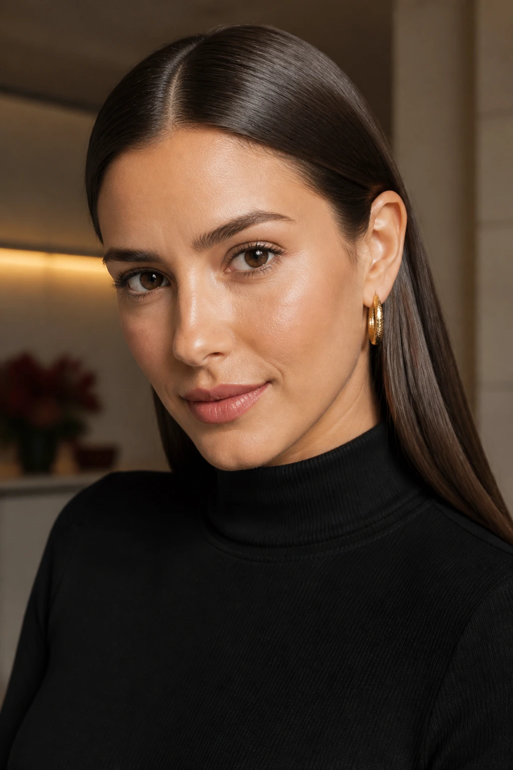 Close-up portrait of a real woman with glass-hair straight and tucked behind one ear