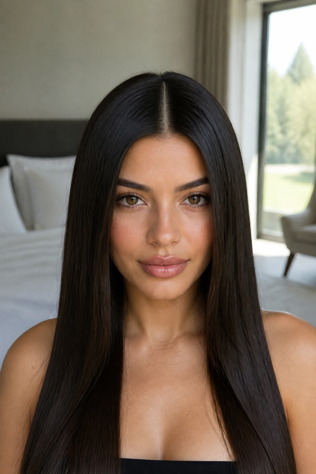 Close-up of a woman with a precise glass-line center part and sleek straight hair