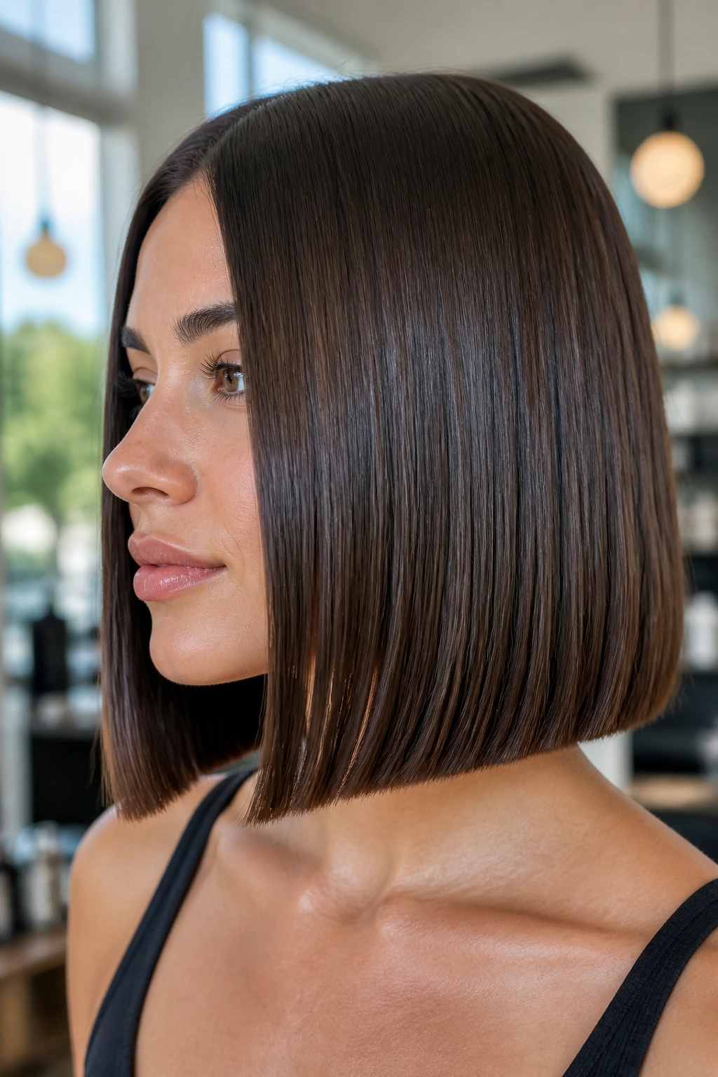 Portrait of a woman with a glass lob, sleek blunt line.
