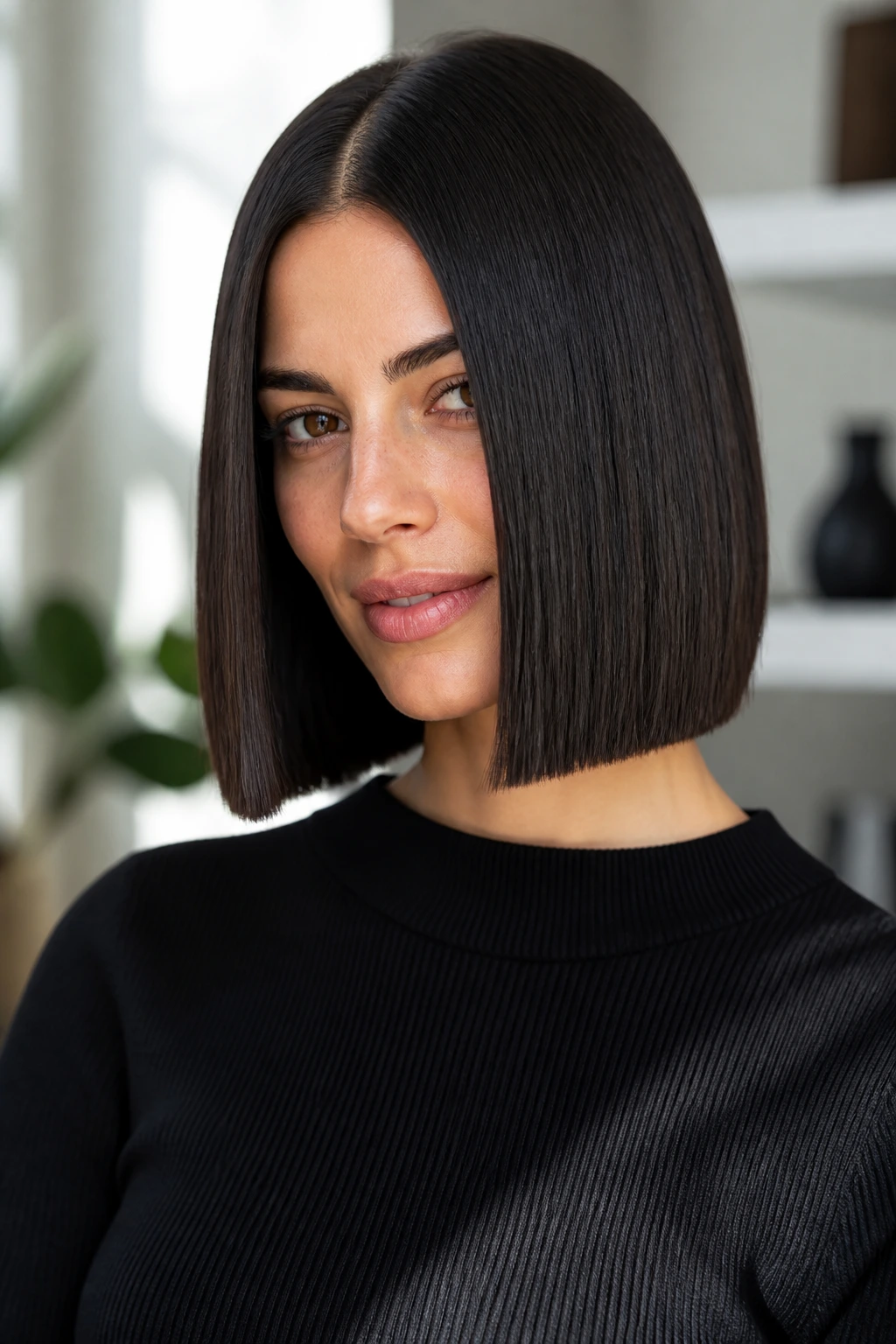 Close-up of a real woman with a blunt glass lob in bright natural light