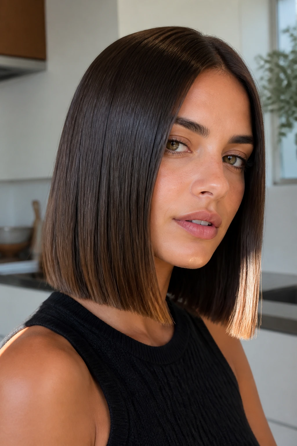 Close-up of a real woman with blunt one-length glass lob and glossy shine