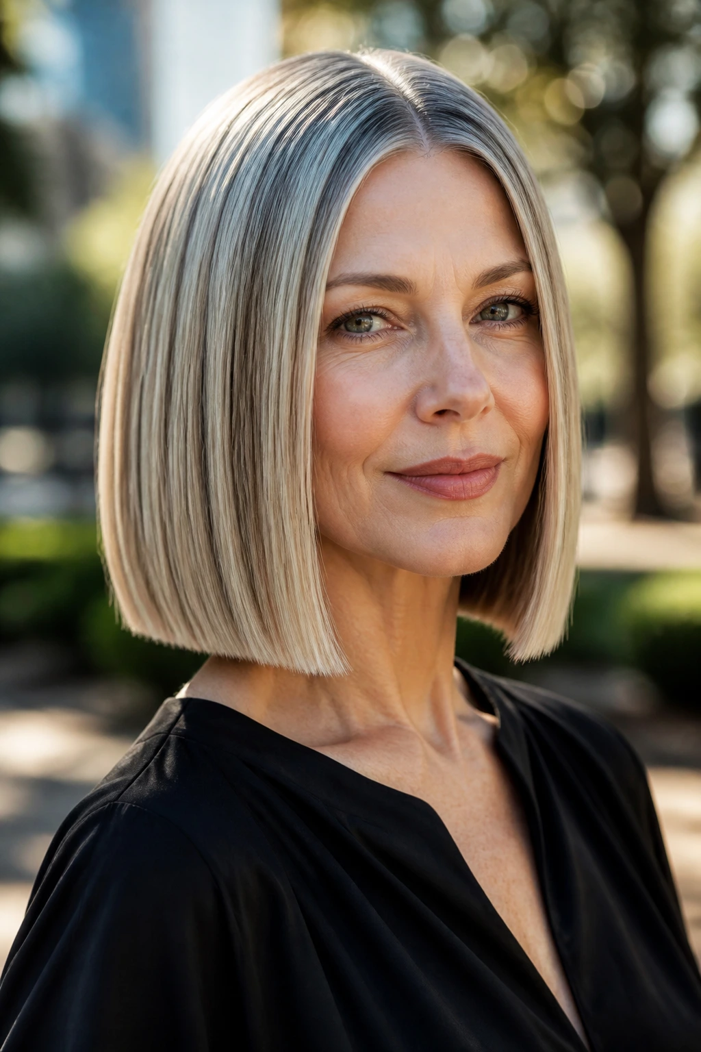 Portrait of a woman with a glass-polished lob featuring a blunt line and centered part in natural light.