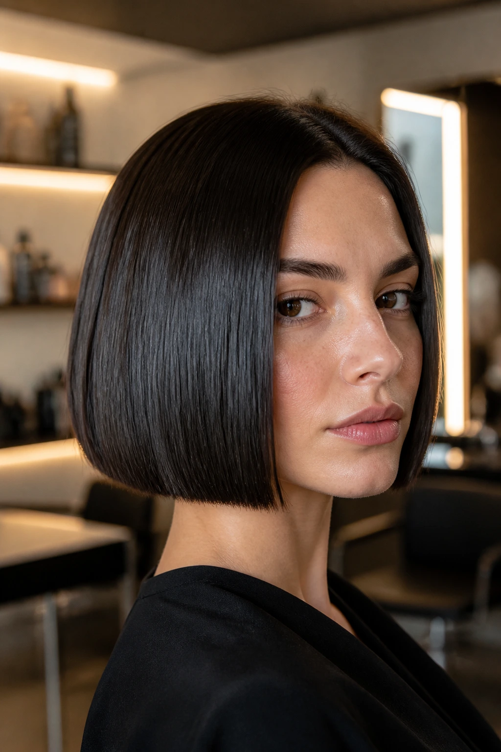 Close-up portrait of a real woman with a glass-sleek bob, thick hair, glossy finish, salon setting