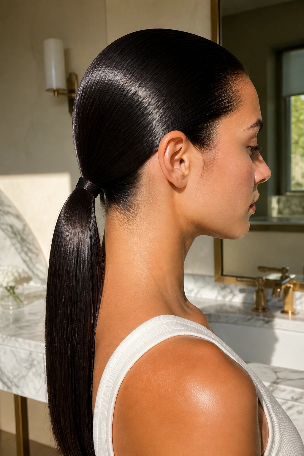 Profile view of a real woman with a glassy low ponytail at the nape.