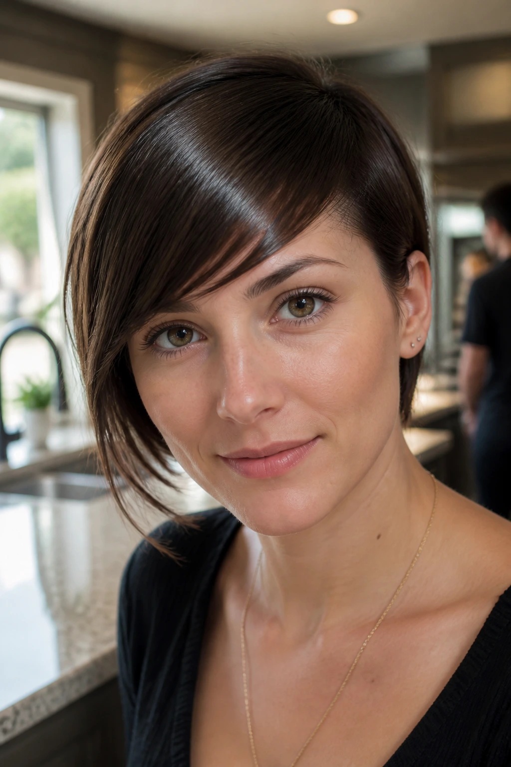 Close-up portrait of a real woman with a glass-sleek sweep fringe