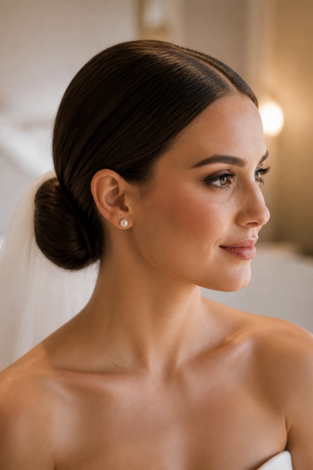 Bride with glass-smooth low chignon at the nape in bridal lighting