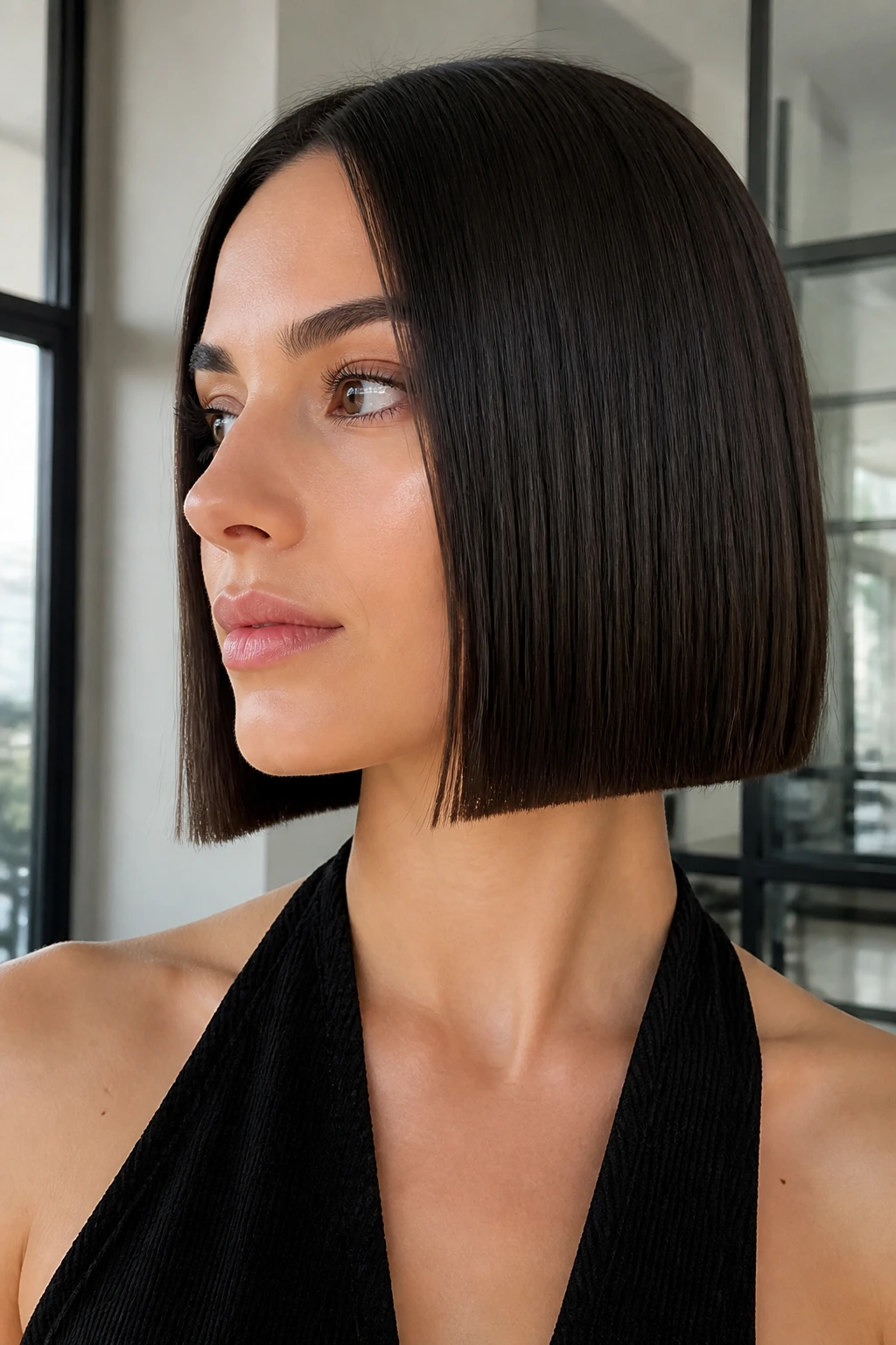 Close-up portrait of a real woman with a glass-straight blunt bob