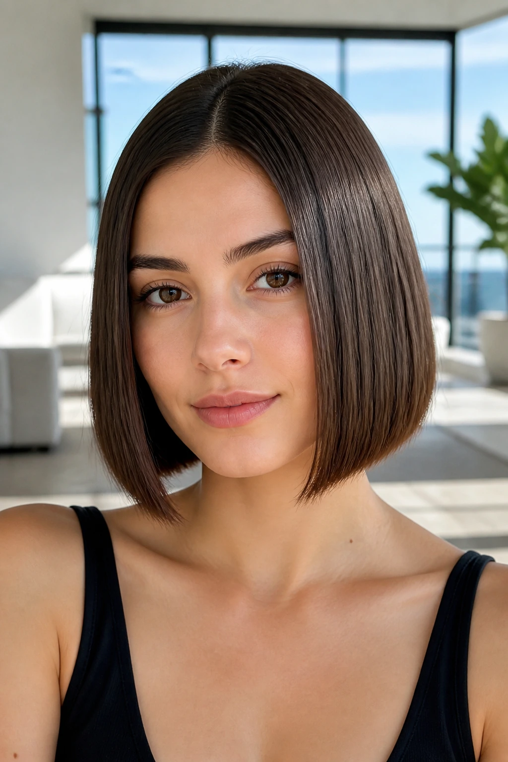 Close-up portrait of a real woman with a glass-straight bob