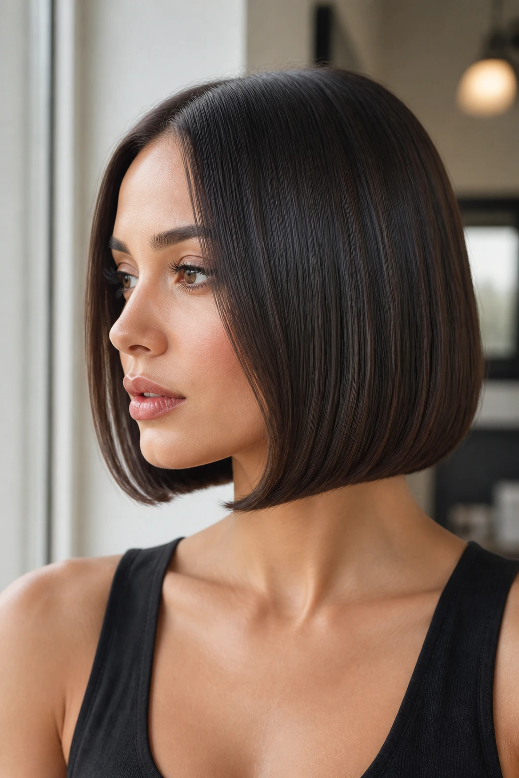 Close-up of a real person with a glass-straight bob and rounded ends near a bright window