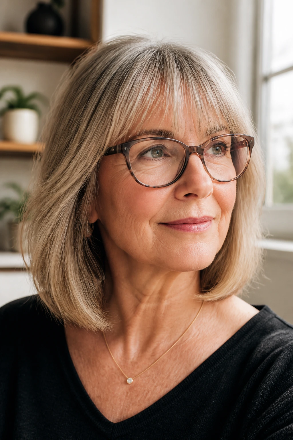Portrait of a person wearing glasses with bangs and a bob or lob hairstyle.