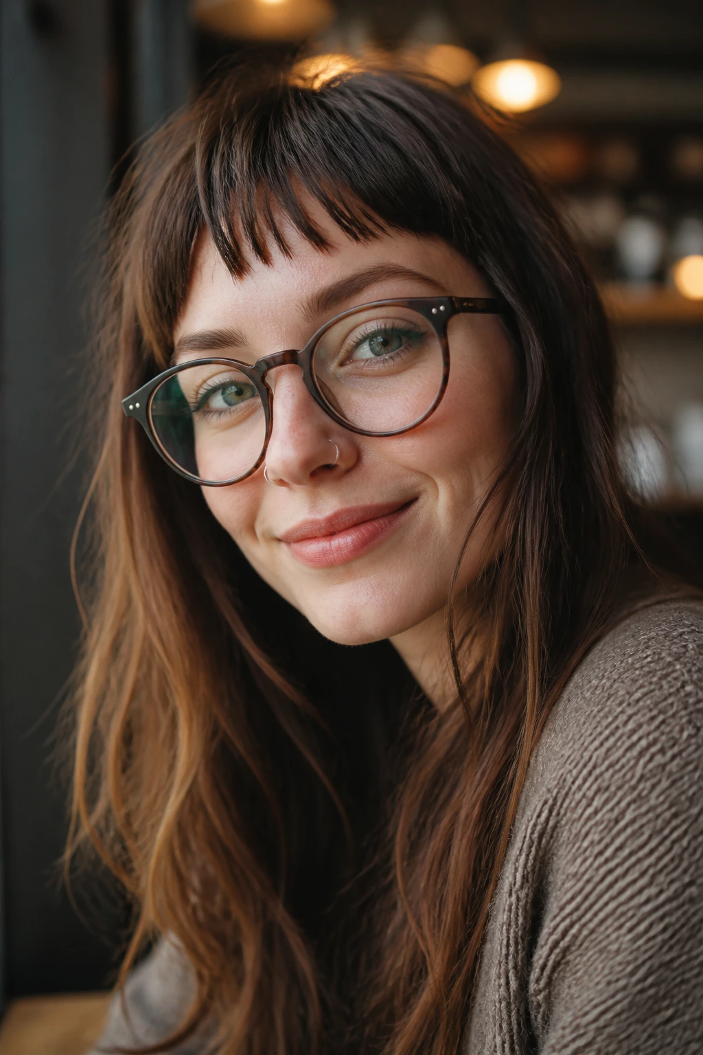 Real person with short choppy bangs and glasses in warm cafe lighting