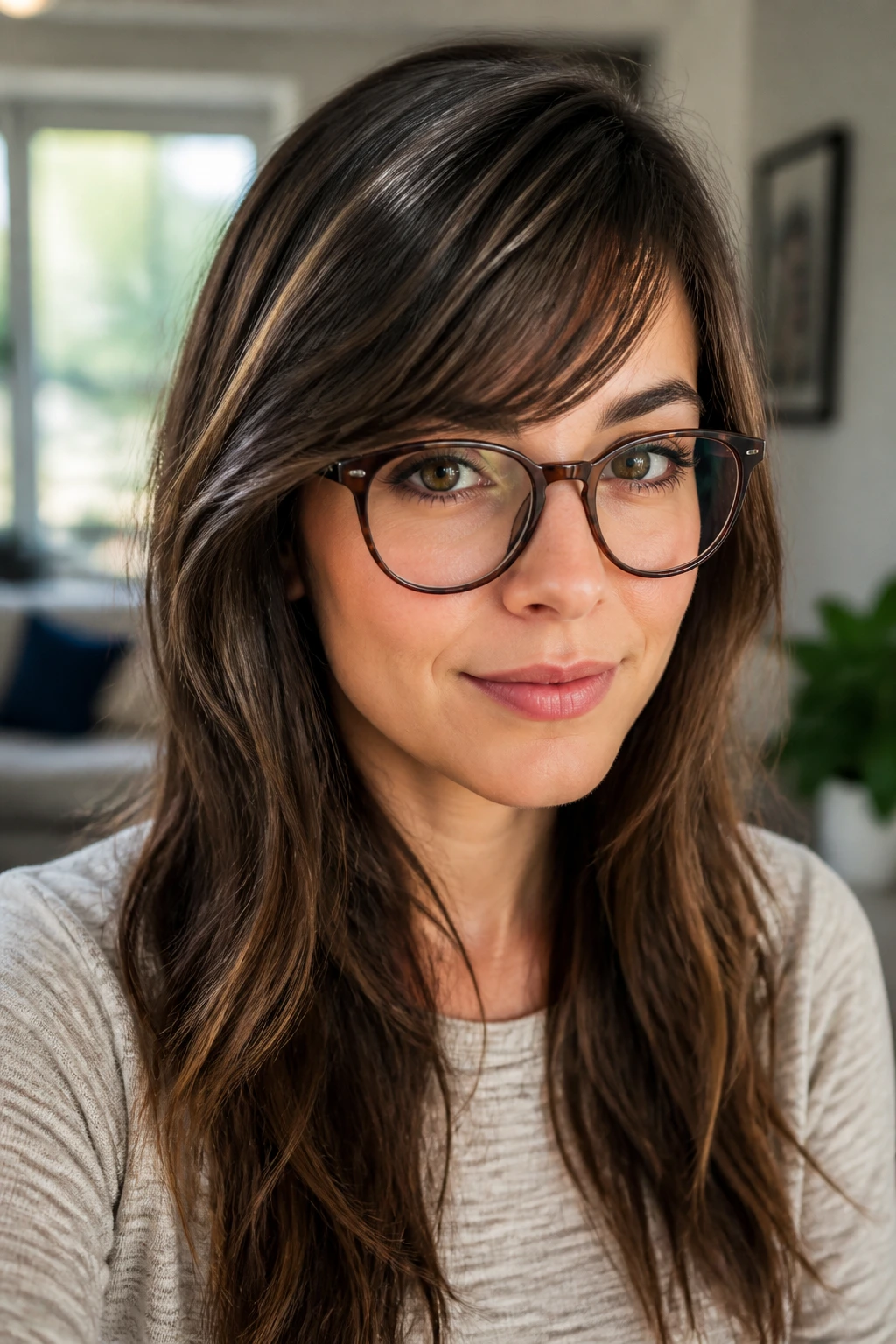 Close-up of a woman with side-swept bangs that clear glasses frames in natural light