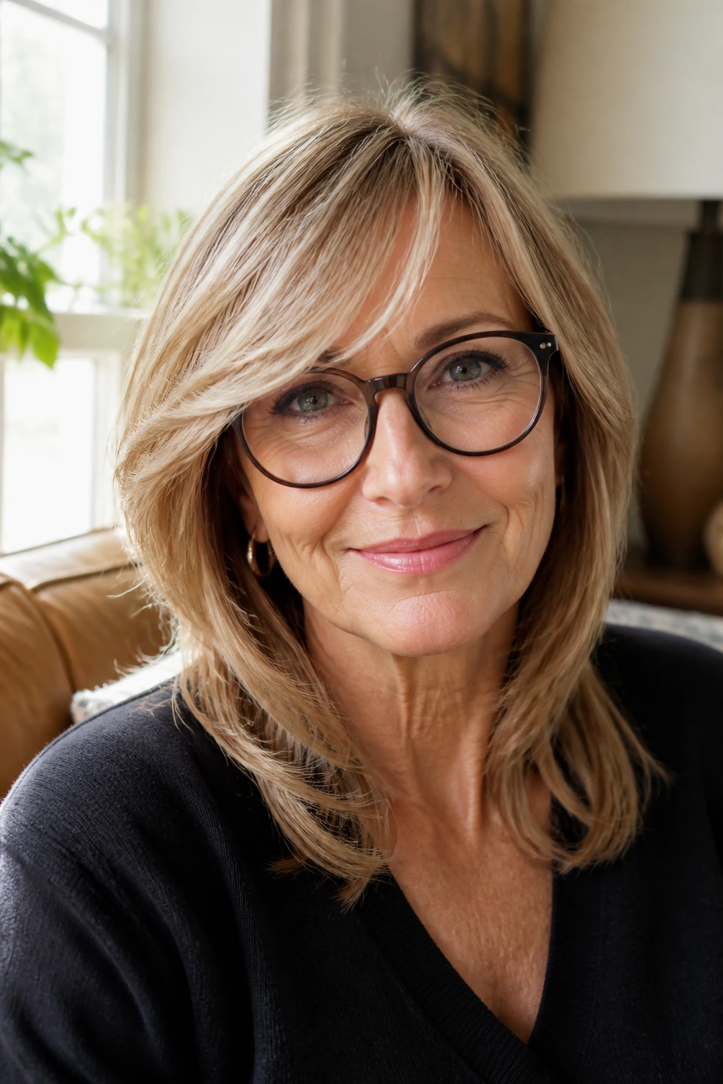Close-up portrait of a real woman wearing glasses with sweeping bangs clearing the frames