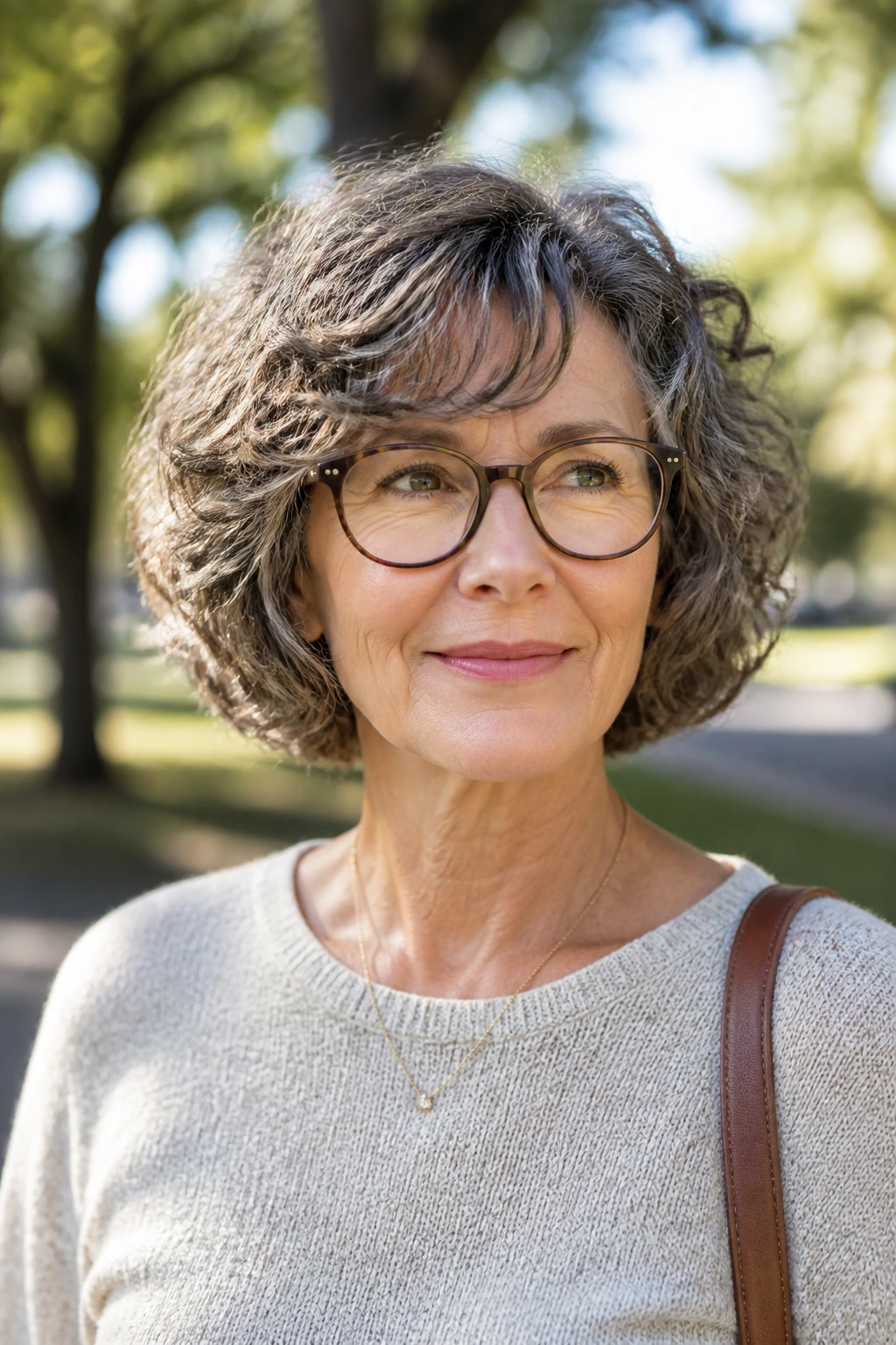 Real woman with glasses-friendly curly lob and side fringe in a park.