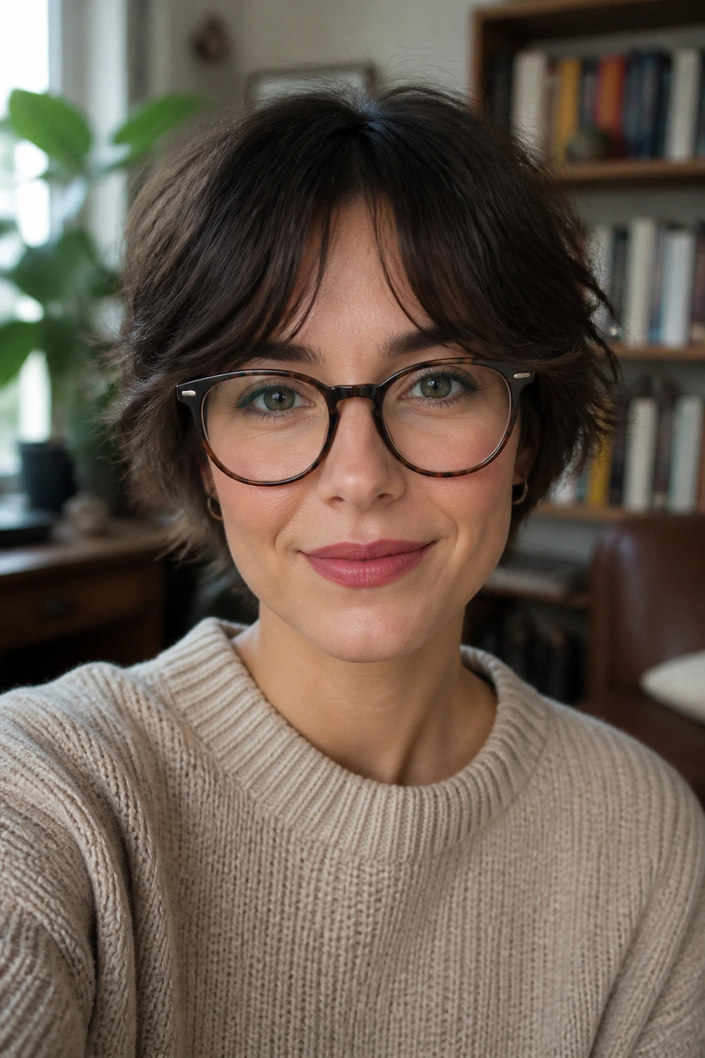 Portrait of a person wearing glasses with curtain bangs cleared of the frames