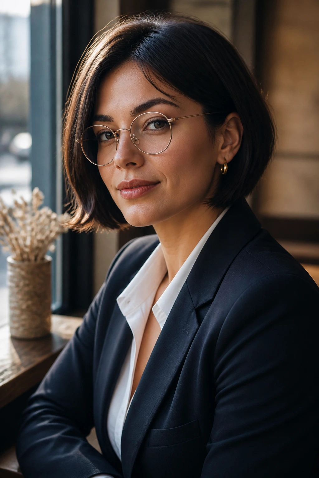 Real woman with short straight hair wearing glasses and earrings in a cafe